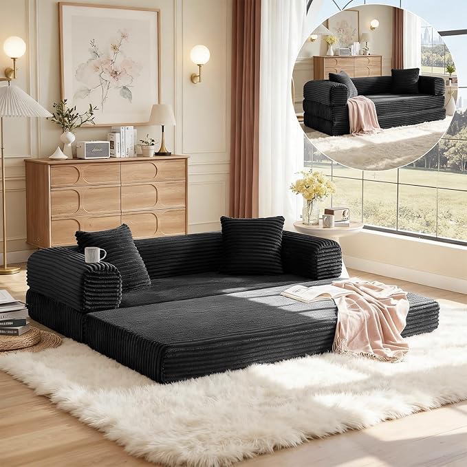 Convertible Futon Sofa Bed, Fold Out Floor Sofa Couch with Sleeper Sofa,Folding Boneless Couches with Deep Seat,Cloud Corduroy Foldable Mattress Couch for Living Room (Black)