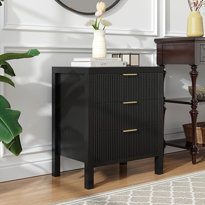 End Table with Storage, Wooden Farmhouse Nightstands with 3 Drawers, Bedside Table - Boho Tall Side Table Accent for Bedroom, Living Room, Black