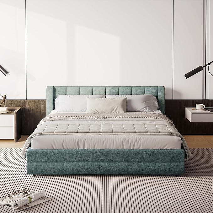 DEINPPA Queen Size Bed Frame with 4 Storage Drawers and Cloud Soft Headboard, Chenille Upholstered Grounded Wood Base Bed Frame, No Box Spring Needed-Blue+Green