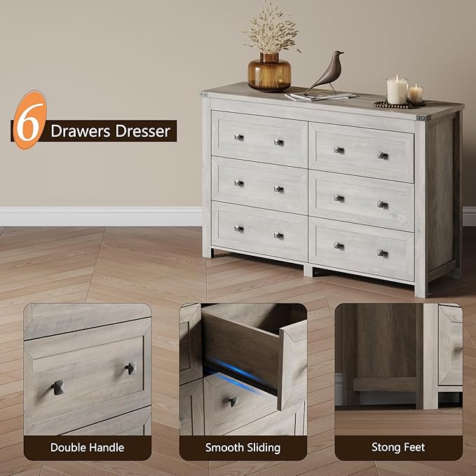Dresser for Bedroom with 6 Drawers, Farmhouse Wood Chest of Drawers, Wide TV Stand Closet Storage Furniture with Metal Handle, Modern Clothes Organizer for Hallway, Living Room, Entryway, Light Grey