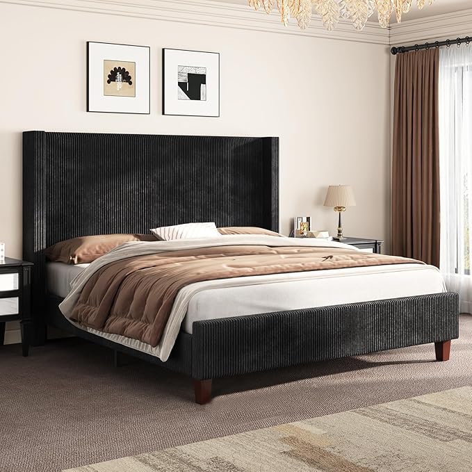 AMERLIFE Queen Size Upholstered Bed Frame with 50.8" Tall Headboard, Wingback Platform Bed with Solid Wood Legs, Wooden Slats, Corduroy/No Box Spring Needed/Noise Free/Black