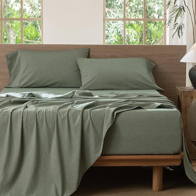 MooMee Bedding Sheet Set 100% Washed Cotton Linen Like Textured Breathable Durable Soft Comfy (Heathered Green, Full)