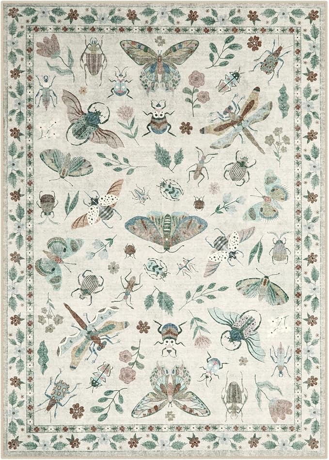 Lahome Insect Print Washable Area Rugs 5x7, Soft Rugs for Living Room Ultra-Thin Non-Shedding Modern Bedroom Rug, Stain Resistant Throw Rug Large Carpet for Dining Room Kids Nursery(5'x7',Beige)