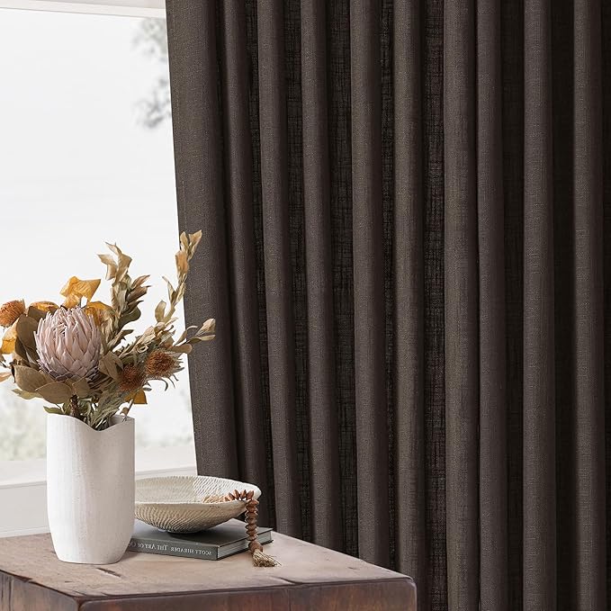 Dark Chocolate Pinch Pleated Linen Curtains 2 Panels for Living Room Bedroom Memory Training Shaped Semi Sheer Pleat Drapes with Hooks Rings Light Filtering Window Curtain 40x45