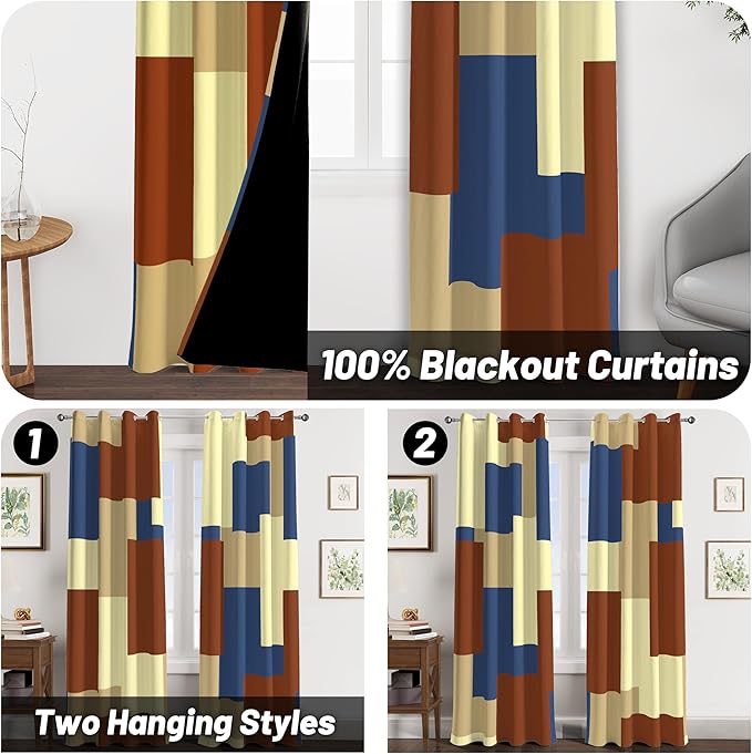 Terracotta Blue 100% Blackout Curtains for Bedroom 84 inch Long 2 Panels Set Modern Abstract Geometric Black Out Curtains Insulated Room Darkening Window Drapes for Living Room, 52Wx84L