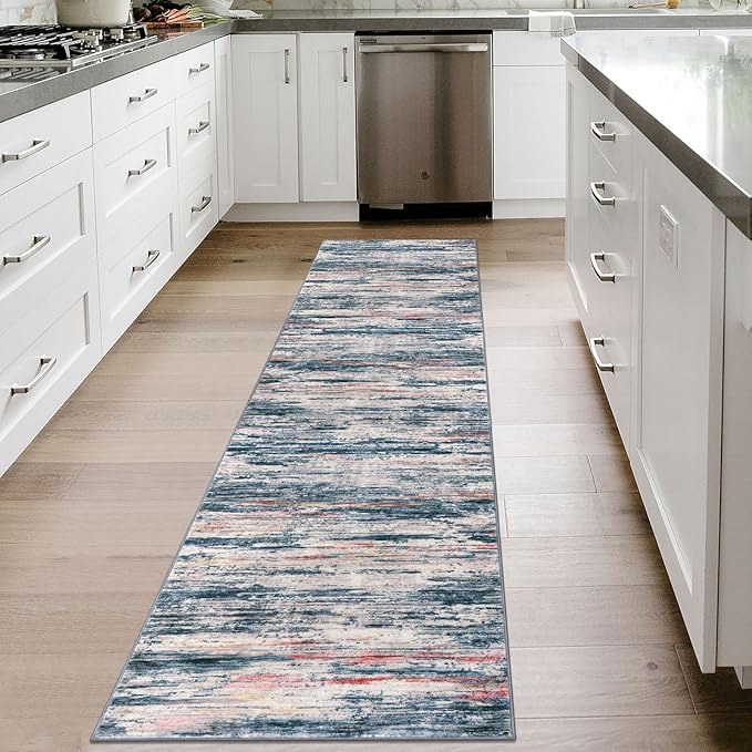 2x8 Modern Abstract Runner Rug for Hallways, Teal Blue Peach Gray Multi Super Soft Hallway Decor Kitchen Rugs with Non-Slip, Non-Shedding Washable Rug for Entryway Bedroom Laundry Indoor