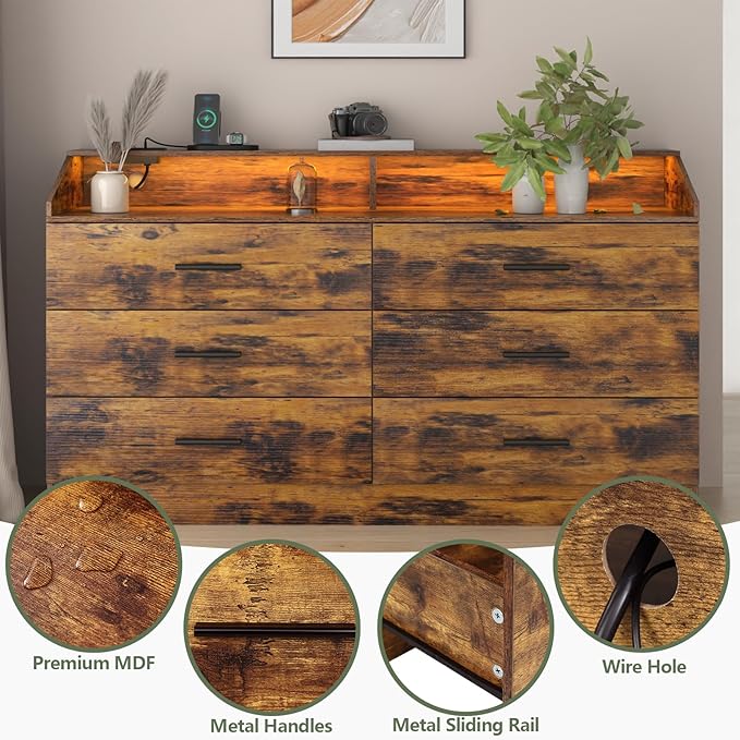 6 Drawer Dresser with Power Outlet, Chest of Drawers with LED Light, Modern Dresser with Open Storage Cubby, Double Wide Dressers Organizer for Bedroom, Living Room, Entryway, Hallway