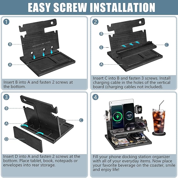 Black Wood Phone Docking Station for up to 3 Phones - Nightstand Organizer for Men & Women, Compatible with Apple Watch, Holds Phones, Tablets, Keys, Rings, Glasses, Watches, EDC & More