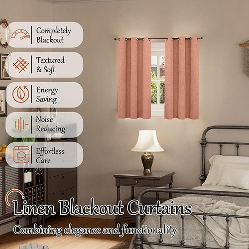 100% Linen Blackout Curtains 45 Inch Length 2 Panels Set for Small Window, 38 Inch Wide Thermal Insulated Total Black Out Fall Curtains for Basement Window, 38x45 Inch 2 Panels, Terracotta