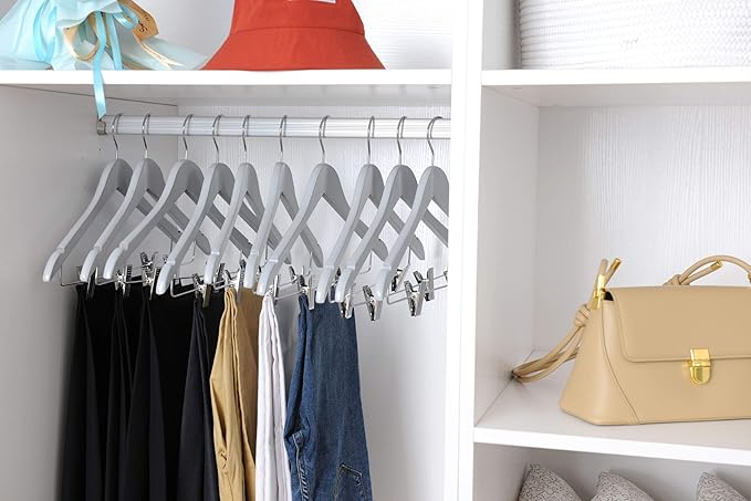 Quality Wooden Semi Curved Skirt Hangers with Clips, 10-Pack Smooth Solid Wood Pants Hangers with Durable Adjustable Metal Clips, Swivel Hook, Coat, Jacket, Blouse Suit Hangers (Gray, 10)