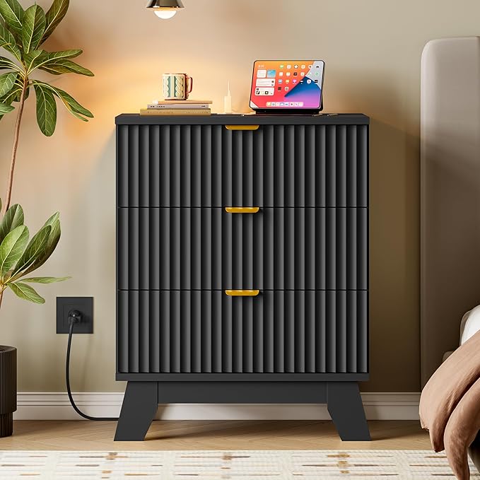30.5" Nightstand with Charging Station, 3-Drawer Fluted Bedroom Chest, Wood Bedside Dresser with Power Outlets and USB Ports, Metal Slides, Stable Base, Modern Storage Cabinet for Small Spaces