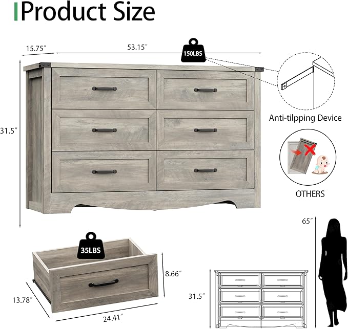 Dresser for Bedroom with 6 Drawers, 54" Wide Wood Chest of Drawers with Deep Drawers & Mental Handle, Modern Dresser TV Stand, Wooden Closet Storage Organizer for Living Room, Hallway, Entryway, Grey