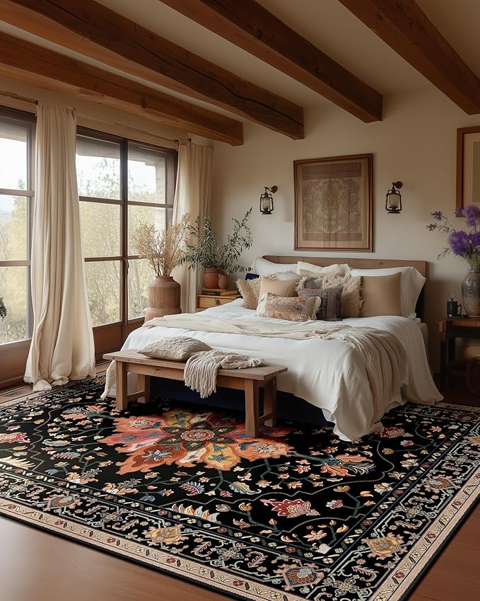 Area Rugs 9'x12' Washable Non-Slip, Floral Vintage Distress Print Pattern Medallion Carpet for Living Room Bedroom Dining Room, Black Colorful Floral Dark Tan