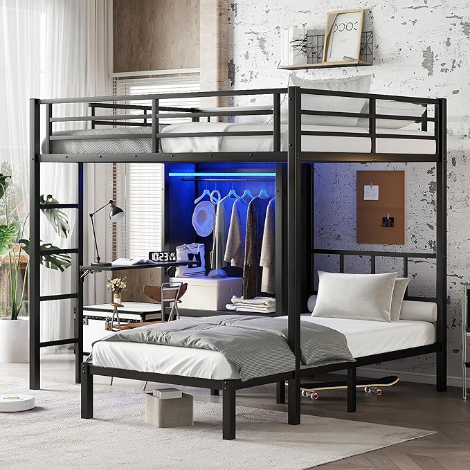 Full XL Over Twin Metal Bunk Bed with Folding Desk, Closet with LED,Space-Saving/Noise Reduced, Black