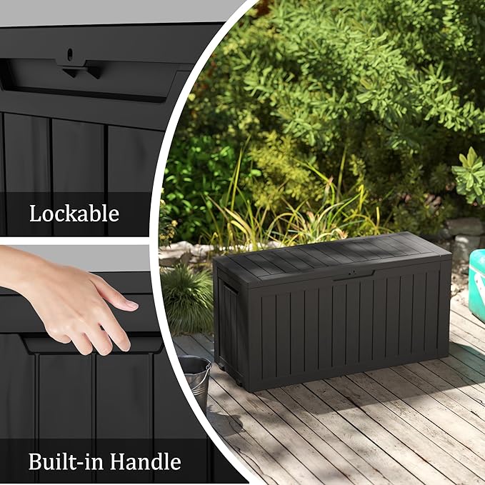 75 Gallon Outdoor Storage Box with Wheels, Waterproof Lockable Resin Deck Box Patio Storage Bin for Pool Accessories Cushion Furniture, Garden Tools, UV-Resistant Outside Delivery Black