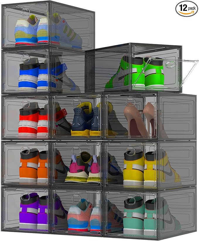 Thicken Hard Clear Shoe Storage Organizer for Closet, 12 Pack Modular Plastic Stackable Shoe Storage Box Organizer, Shoe Sneaker Rack Display Case Containers Bins with Lids, Grey