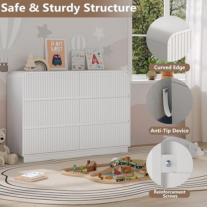 Dresser for Bedroom with 6 Drawers, Fluted Chest of Drawers with Round Curved Corner, Hidden Handles, Modern Wood Storage Organizer for Bedroom, Nursery, Living Room