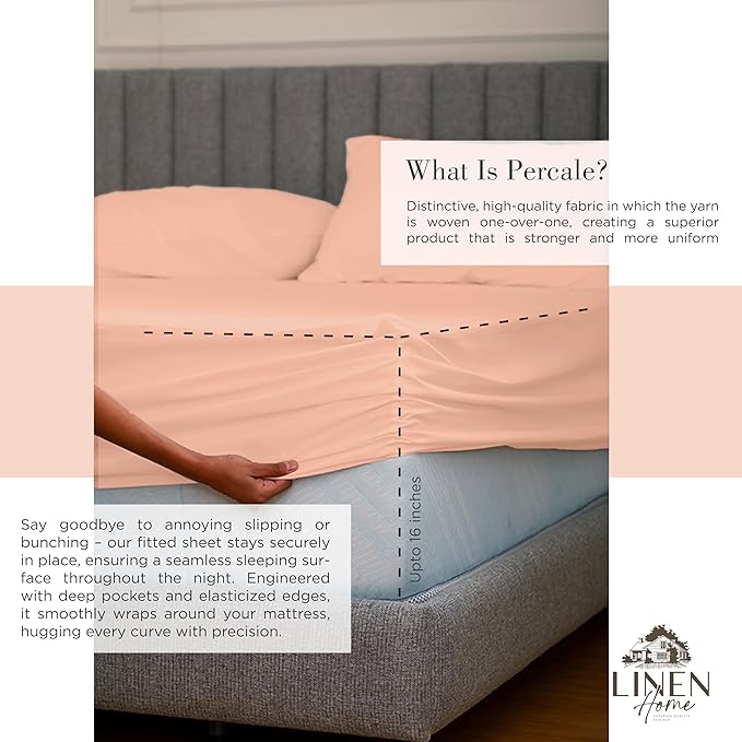 Linen Home 100% Cotton Percale Sheets Twin Size,Tropical Peach, Deep Pocket, 3 Pieces Set - 1 Flat, 1 Deep Pocket Fitted Sheet and 1 Pillowcase, Crisp Cool and Strong Bed Linen