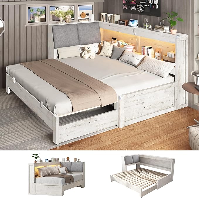 Corner Bed Frame with Extendable Trundle Bed and Bookcase Upholstered Headboard, 3-in-1 Twin Size Wood Daybed with LED Lights and Charging Station, for Bedroom, Guest Room, White