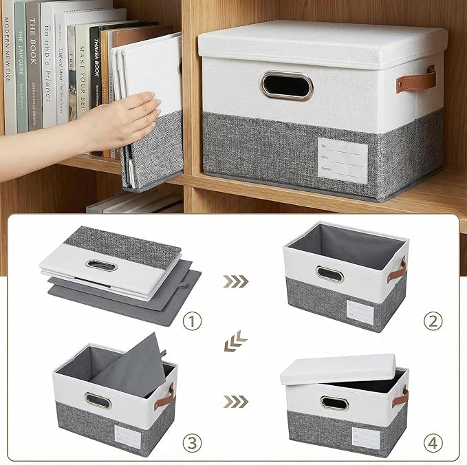 PRANDOM Storage Boxes with Lids [3-Pack] Linen Fabric Foldable Storage Bins Organizer Containers Baskets Cube with Cover for Closet Office Nursery Grey&White（11.4X8.6X6.7
