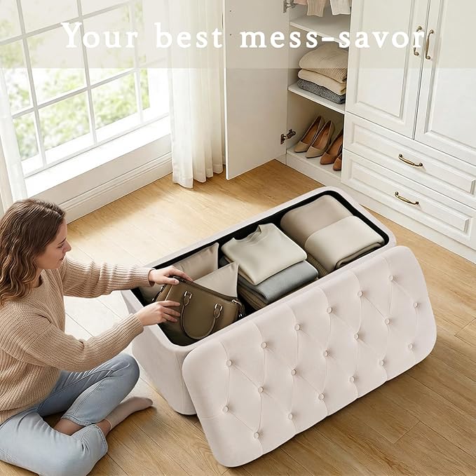 ONBRILL Storage Ottoman Bench, End of Bed Bench, 39.8 x 18.1 x 17.7 Inches Pouf Ottoman Foot Rest, Storage Benches Chest for Bedroom Entryway Living Room, Max 330 lbs, Beige