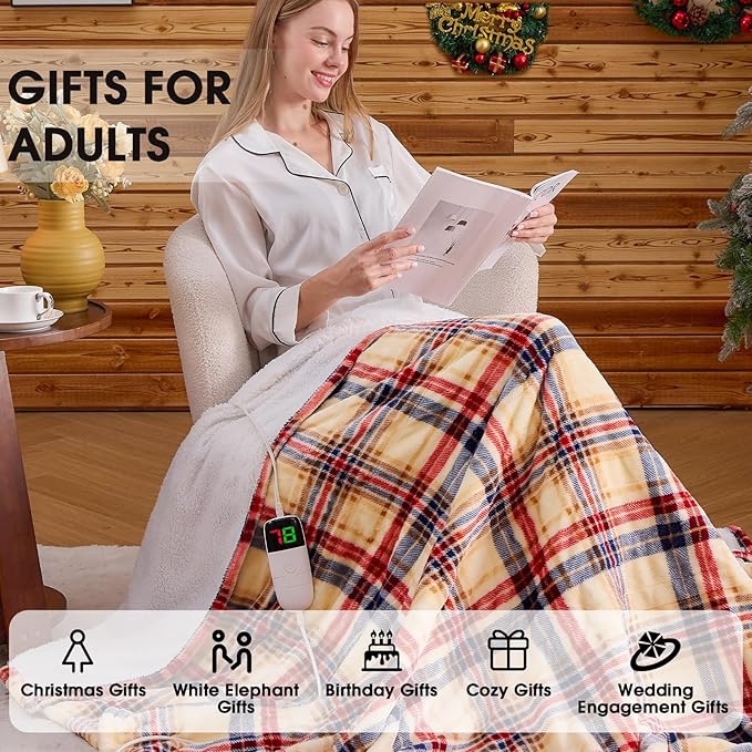 Heated Blanket Electric Throw, 50X60, Heating Throw with 10 Heating Levels & 8 Hours Auto Off, Plaid Checkered Sherpa Blanket Warmer for Adults, Farmhouse Home Decor for Couch Bed Office Gifts for Mom