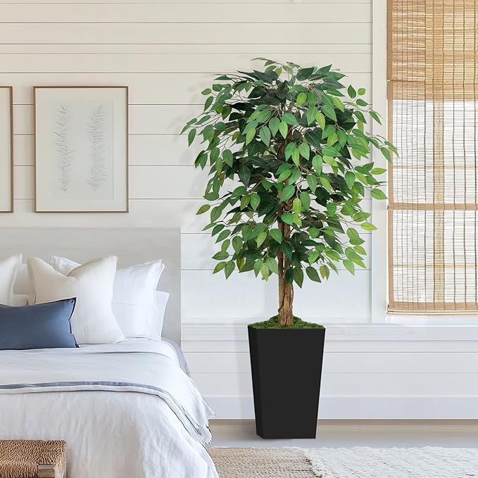 5ft Ficus Artificial Tree with 3 Natural Curved Trunks, 60" Tall Lush Faux Tree for Home Decor Indoor, Green Lifelike Fake Ficus Tree with Black Planter Pot