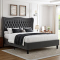 Upholstered King Size Bed Frame with Tall Headboard, Velvet Wingback Platform Bed Frame with Deep Button Tufted, No Box Spring Needed, Noise Free, Grey