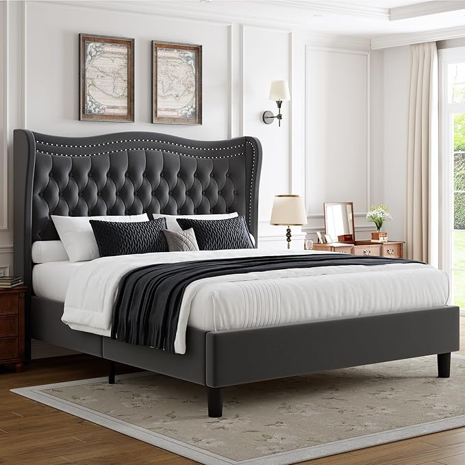 Upholstered Queen Size Bed Frame with Tall Headboard, Velvet Wingback Platform Bed Frame with Deep Button Tufted, No Box Spring Needed, Noise Free, Grey