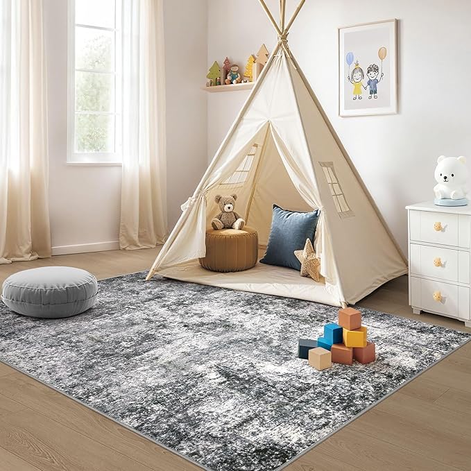 Area Rug Living Room Rugs - 4x6 Large Soft Indoor Neutral Modern Abstract Low Pile Washable Rug Carpet for Bedroom Dining Room Farmhouse Home Office - Grey