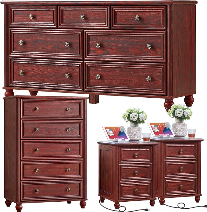 Farmhouse Dressers & Night Stand Set of 4, Wood 54" Wide Dresser & 45" Tall Chest of Drawers, 18" with Charging Station Nightstand Set of 2, Bedroom Furniture Dresser Set for Home Living Room Hallway