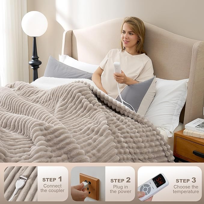 Hansleep Heated Blanket King Size Electric Throw Dual Control, Heating Blanket with 9 Heating Levels and 10-Hour Timer Auto Shut Off, Washable Soft Warm Winter Blanket, 90 x 100 Inches, Linen
