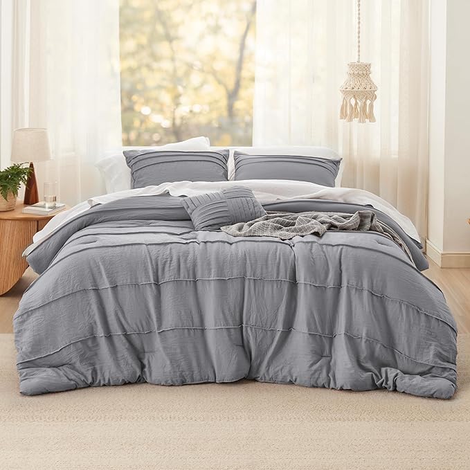 Bedsure Full Comforter Set - 4 Pieces Pinch Pleat Bed Set, Grey Boho Bedding for All Season, 1 Soft Comforter, 2 Pillowcases, 1 Decorative Pillow
