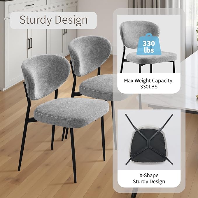Dining Room Chairs Set of 6 Modern Chenille Upholstered Diner Chairs Quick Assembly Simple Accent Side Chairs with Ergonomic Back & Comfy Cushion for Dining Table/Living Room/Bedroom Grey
