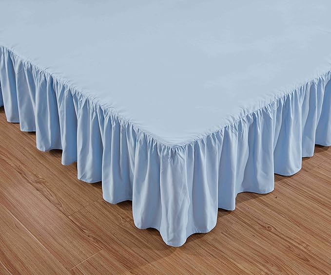 Sheets & Beyond Wrap Around Solid Microfiber Luxury Hotel Quality Fabric Bedroom Gathered Ruffled Bedding Bed Skirt 14 Inch Drop (Queen, Light Blue)