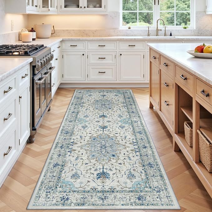 Area Rugs 3'x8' Washable Non-Slip, Floral Vintage Distress Print Pattern Medallion Carpet for Living Room Bedroom Dining Room, Light Blue Navy Beige Gray White