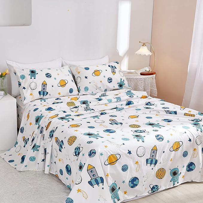 JSD Blue Astronaut Kids Sheet Set Twin Size, 3 Piece Space Rocket Printed Microfiber Bed Sheets Deep Pocket