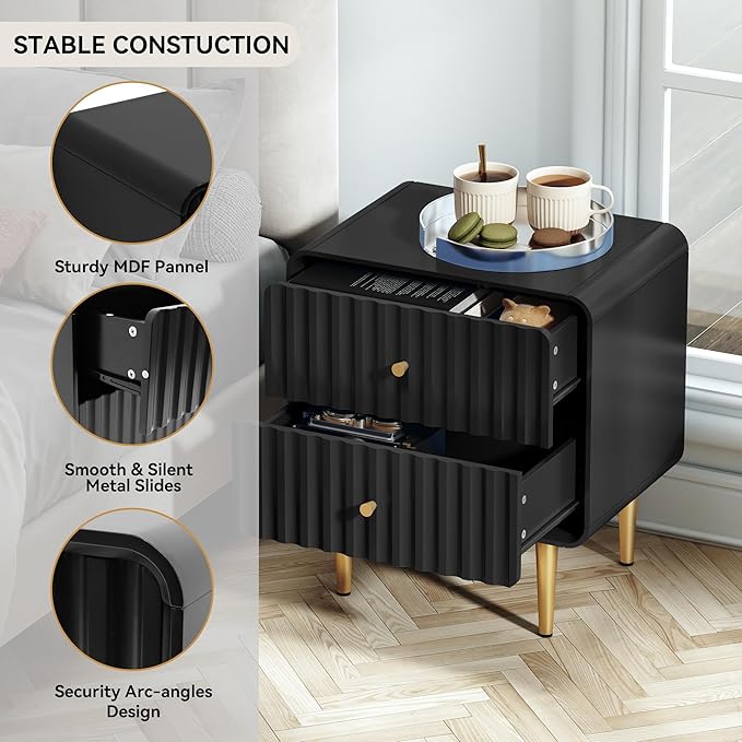 HLR Modern Nightstand Set of 2, Fluted Bed Side Table with 2 Drawers Storage, Wood End Table with Gold Metal Handle, Black Night Stands for Bedroom