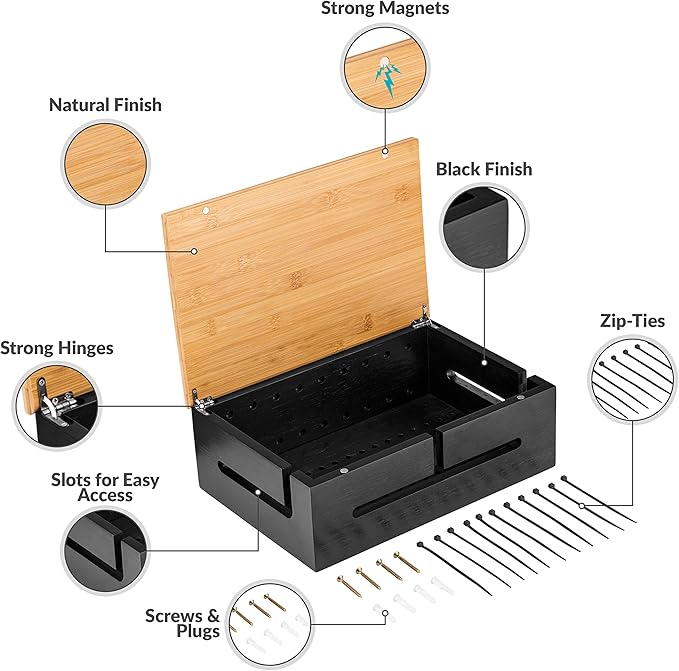 Bamboo Cable Management Box with Magnetic Lid - 12,6x7,9x4.3 in - Durable Cable Organizer to Hide Cords & Power Strip - Wall Mountable - Including Hardware - for Home, Office, Desk & More (Black)