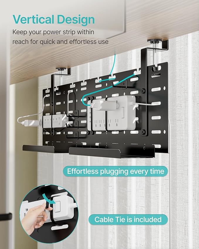 Under Desk Cable Management Tray, 30.2" Vertical Metal Pegboard Organizer for Power Strip, Cables, Clamp On Cord Organizer Rack with Hooks, Trays & Cable Straps for Home Office, Black
