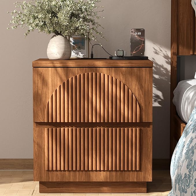 Yechen Nightstand with Drawers, Modern Arched Reeded Wood Nightstand with Charging Station, Wooden Night Stand with Storage,Bedside End Tables for Bedroom, Walnut