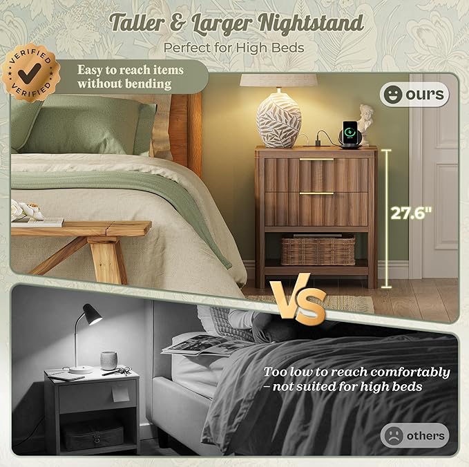Huuger 27.6 Inch Tall Night Stands with Charger Station, USB-C Port, Fluted Nightstand Set of 2, Larger Wider Bed Side Table with 2 Deep Drawers, Open Shelf, Bedroom Living Room End Table, Walnut