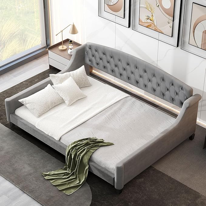 Favfurish Full Size Modern Luxury Tufted Button Daybed, Stylish Wood Upholstered Day Bed,No Box Spring Required, Easy Assembly,for Bedroom,Living Room and Guest Room,Den,Office,Gray