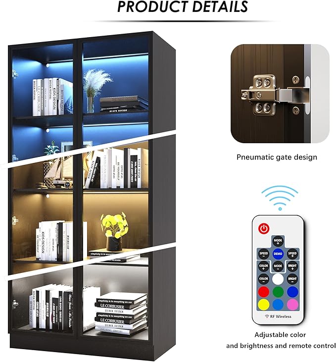 Wooden Display Storage Cabinet with Glass Door, LED Lights,Showcase for Collections, Perfume, Vinyl Albums, Bookcase for Home Office, Living Room, Clinic, Pantry (Black- 4 Layers)