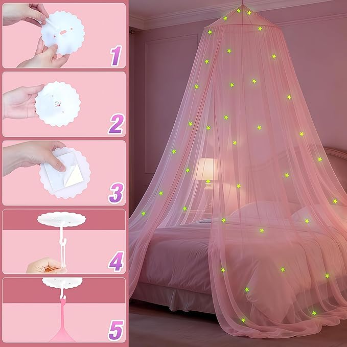 Pink Princess Bed Canopy for Girls with Glowing Stars, Canopy Bed Curtains for Twin, Full, and Queen Sizes; Ceiling Tent for Reading Nooks, Mosquito Net for Indoor Room Decor and Outdoor Use