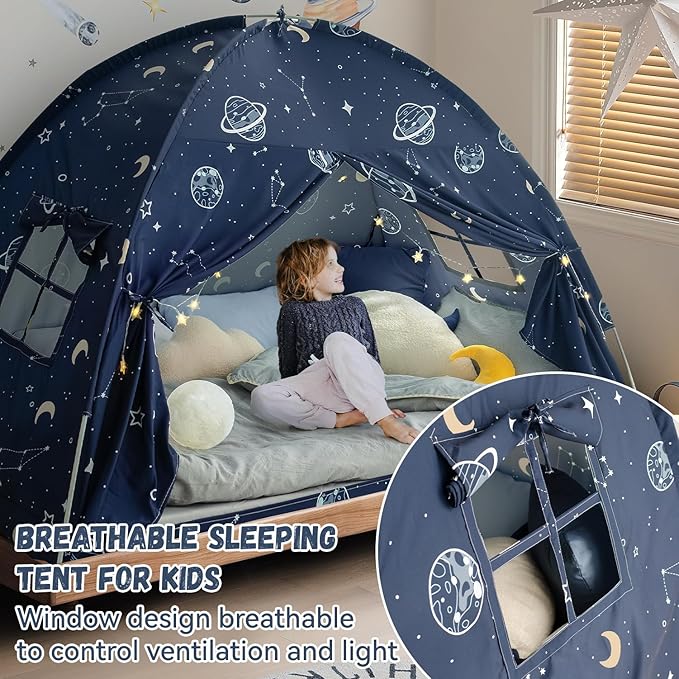 Toddler Bed Tent Full, Space Canopy Indoor for Kids Boys, Kids Bed Canopy Full Size, Galaxy Dome Playhouse Tents Floor Privacy Space on Bed Sleeping Tent for Girls Birthday Toy House Gift