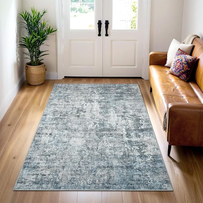 3x5 Rug, Small Area for Kitchen, Entryway, Machine Washable Non-Slip Throw Rug, Vintage Carpet for Nursery Coffee Table Blue