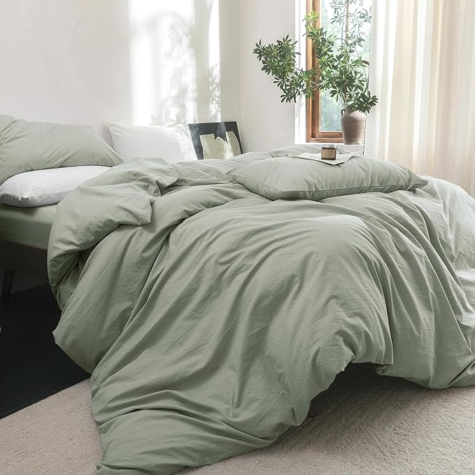 FOSSA Duvet Cover Set 100% Washed Cotton Linen Feel Super Soft Breathable Cozy 3 Pieces Bedding Sets Solid Sage Green Full/Double