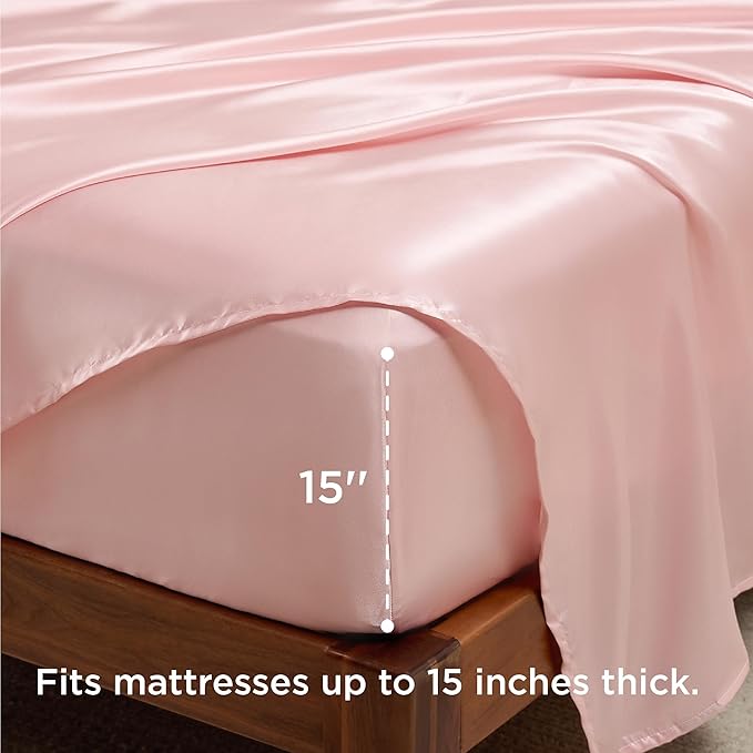 Bedsure Pink Satin Sheets King Size - 4 Piece Silky Bedsheets with 15 Inches Deep Pocket Fitted Bedsheet,1 Flat Sheet, 2 Satin Pillowcases, Good for Hair & Skin (King, Pink)