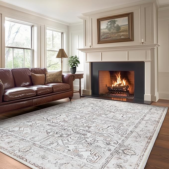 jinchan Lima 6x9 Machine Washable Area Rugs for Living Room - Vintage Floral Stain Resistant Low Pile Ultra-Thin Non Slip Accent Rug for Bedroom Kitchen Dining Room Home Office (6x9ft, Taupe)